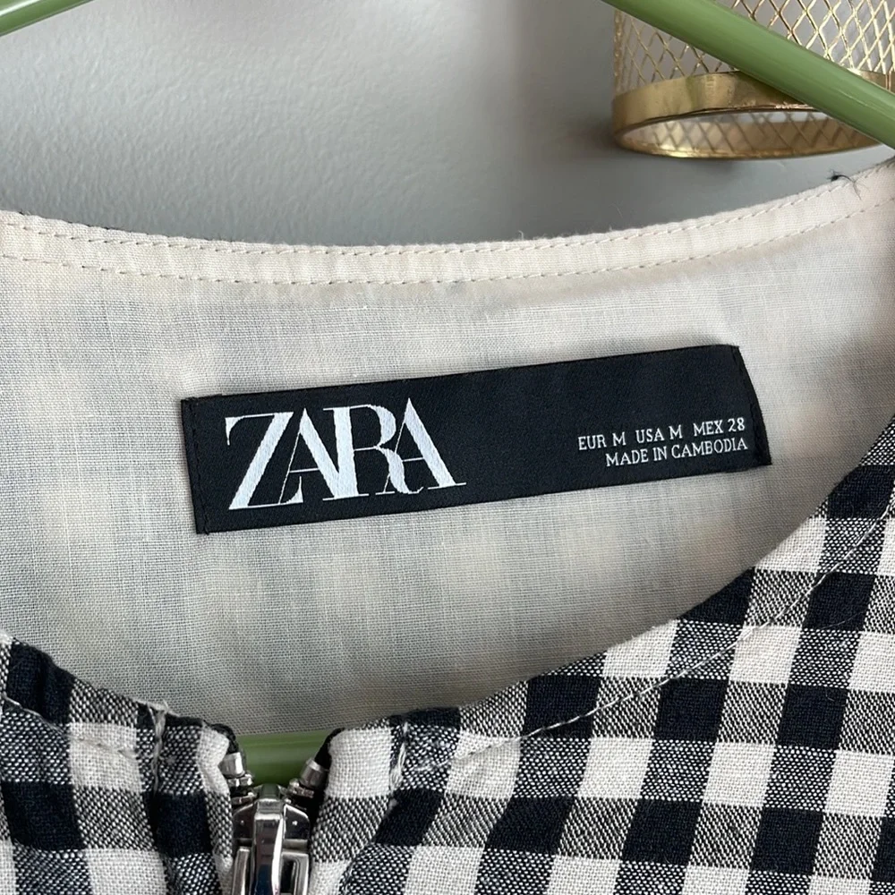 Zara Gingham Linen Blend Puff Sleeve Zipper Jacket Sz M